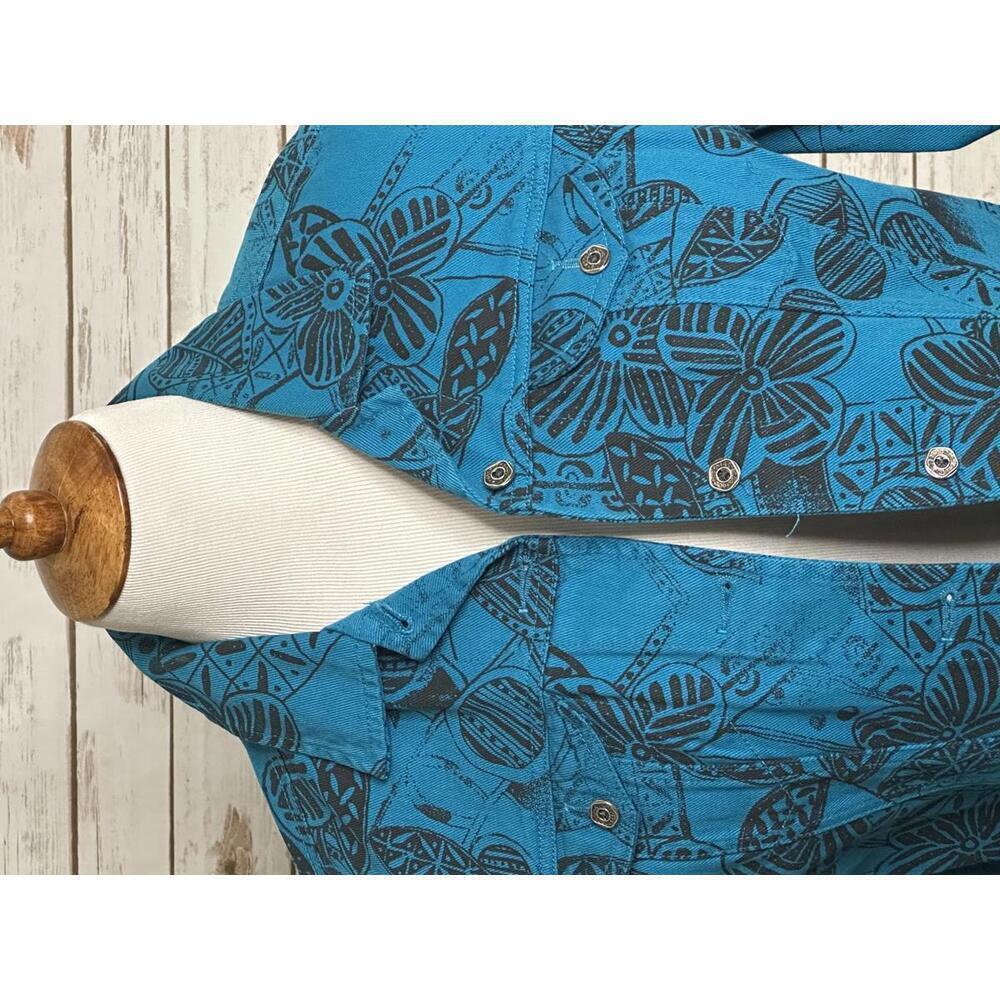 Chico's teal/black artsy tribal floral cotton denim jacket Size 1/Med/8 - Picture 2 of 7